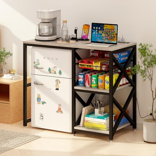 METYERRY Kitchen Bakers Rack with Power Outlet,Mini Fridge Cabinet with Mesh Basket, Mini Fridge and Microwave Table with Storage for Office,Kitchen,Living Room,Coffee Bar,Patio,Greige - color: Greige