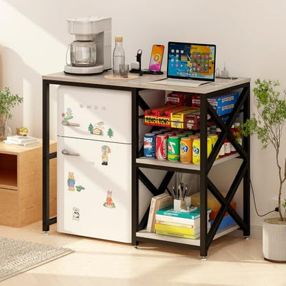 METYERRY Kitchen Bakers Rack with Power Outlet,Mini Fridge Cabinet with Mesh Basket, Mini Fridge and Microwave Table with Storage for Office,Kitchen,Living Room,Coffee Bar,Patio,Greige - color: Greige