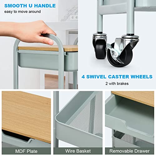 3 Tier Rolling Cart, Utility Cart with Drawer& Table Top, Mint Green | Metal Rolling Kitchen Storage Organizer Cart with Locking Wheels for Bathroom, Office, Balcony, Living Room, Classroom - color: Light Green