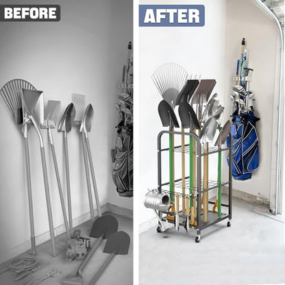 WALMANN Garden Tool Organizer with Wheels for Garage, Rakes/Shovels/Yard Tools Stand for Garden, Shed, Indoor/Outdoor Long-Handled Tools Rolling Cart(Small) - style: Small-stand