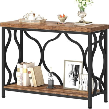 IBF 39.4" Narrow Console Table, Farmhouse Entryway Table in Living Room Hallway Foyer Entrance, Industrial Wood Metal Sofa Table Entry way Behind Couch Tables with 2-Tier Storage Shelves, Rustic Brown - color: Rustic Brown Oak, size: 39 Inch