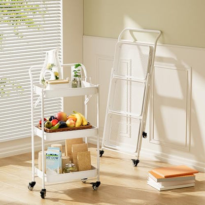 JAQ Foldable Rolling Cart, 3-Tier No Assembly Metal Utility Cart with Handle, Heavy Duty Folding Storage Trolley Organizer on Wheels for Kitchen, Office, Craft Art, Baby Diaper, Snacks, Books, White - color: White /3-tier
