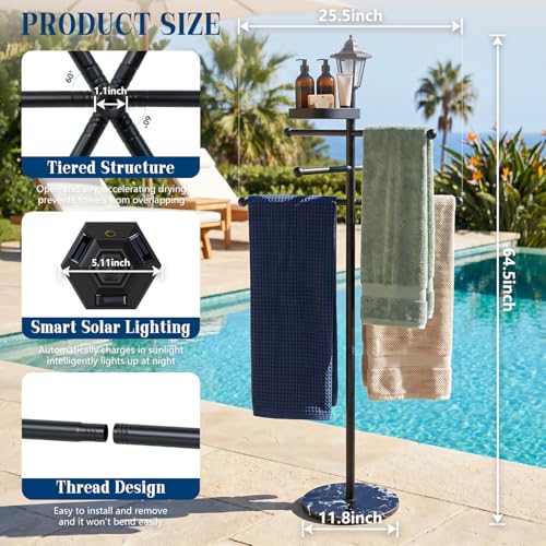 Pool Towel Rack Outdoor with Solar Light, 64" Heavy Duty Pool Towel Holder with Weighted Marble Base, 3-Tier Freestanding Outdoor Towel Rack with Storage Tray for Pool, Hot Tub, Backyard