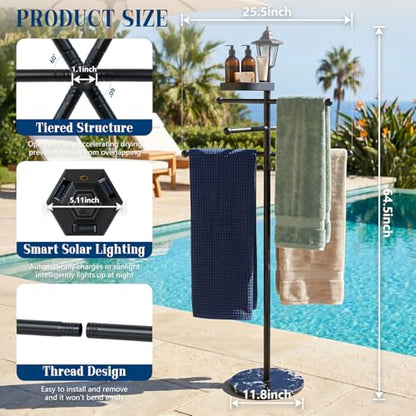 Pool Towel Rack Outdoor with Solar Light, 64" Heavy Duty Pool Towel Holder with Weighted Marble Base, 3-Tier Freestanding Outdoor Towel Rack with Storage Tray for Pool, Hot Tub, Backyard