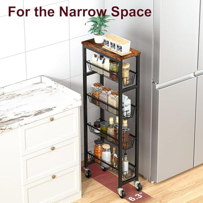 Honest Slim Storage Cart 4-Tier Slim Rolling Cart with Metal Frame and Wooden Top, 6.3 Inches, Storage Cart for Kitchen, Dining Room, Living Room, Bathroom, Home Office, Rustic Brown and Black - size: 4 Tiers (6.3"D x 30.3"H)