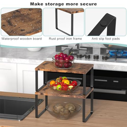 CADUKE Set of 4 Counter Shelves Kitchen Cabinet Shelf Organizer Brown | Countertop Organizer,Counter Top Racks,Stackable, Expandable, Metal and Engineered Wood, for Bathroom - color: Brown