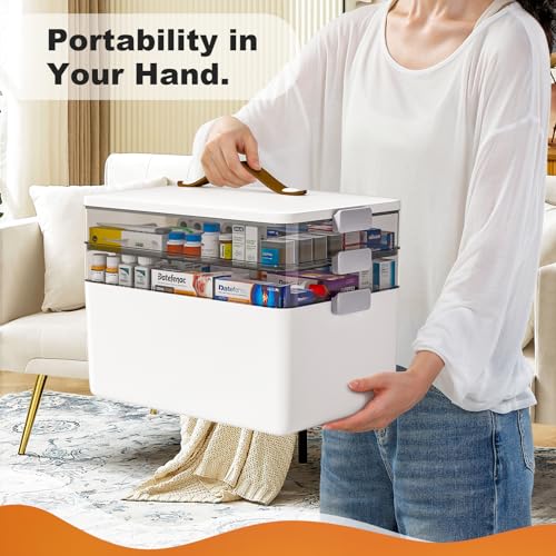 MOPUP 3-Tier Medicine Craft,Sewing,Art,Organizer Storage,Portable Latch Bin with Lid and Leather Handle,Pill Bottle, First Aid, A Household Essential - size: XL– 3-Tier