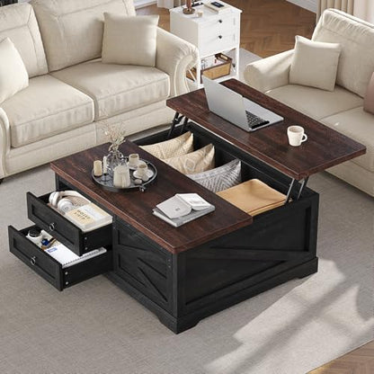 Itaar 39.4'' Lift Top Coffee Table with Storage, Farmhouse Coffee Tables for Living Room, Square Coffee Table with Large Hidden Compartment & 2 Drawers & Adjustable Shelves, Black+Walnut - color: Black+walnut