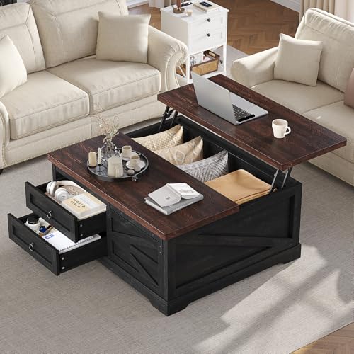 Itaar 39.4'' Lift Top Coffee Table with Storage, Farmhouse Coffee Tables for Living Room, Square Coffee Table with Large Hidden Compartment & 2 Drawers & Adjustable Shelves, Black+Walnut - color: Black+walnut