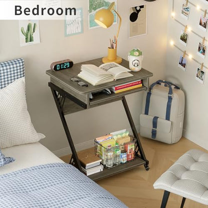 ALISENED 23.6" Z-Shaped Computer Desk for Small Spaces with Keyboard Tray, Wheels and Bottom Shelves, Compact Space-Saving Home Office Workstation, Grey - color: Grey