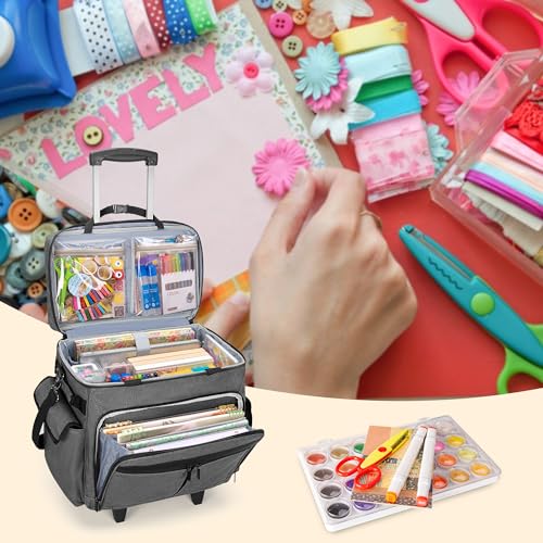 Trunab Rolling Scrapbook Tote with File Pocket & Trolley, Craft Organizer | Expandable File Pocket, Detachable Trolley, Padded Sleeves for 15.6" Laptop, Scrapbooking Supplies & Art Tools - color: Grey