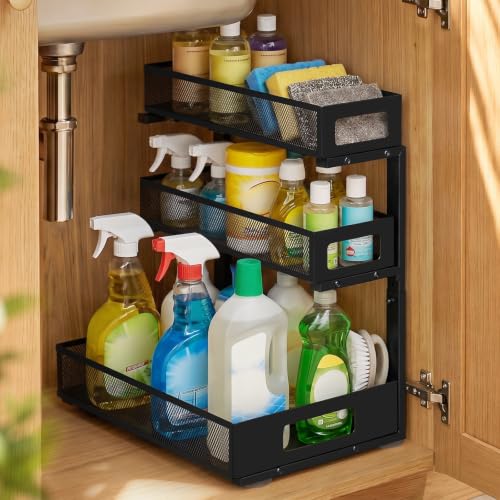 3 Tier Under Sink Organizer,1 Pack Pull Out Cabinet Shelves with Adjustable Height,Heavy Duty Carbon Steel L-Shaped Storage for Kitchen Bathroom Sink,Pantry & Laundry,Black - color: Black, size: 1 Pack