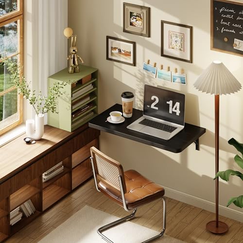 Dogsky 24" x 14" Floating Wall Desk, Fold Down Wall Table - 100 lbs Heavy Duty Solid Pine Wall Mount Folding Desk for Home Office, Laundry Room, Kitchen & Small Apartment, Black - color: Black, size: 24'' x 13.7'' x 6.3''