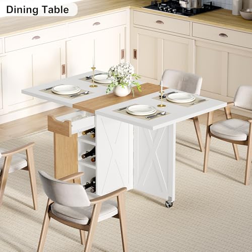 Folding Dining Table with 6 Wheels, Drop Leaf Tables for Small Spaces, Foldable Dining Table with 2-Layer Storage Rack, Kitchen Table with Drawer (White and Oak) - color: White