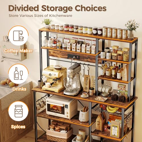 SUPERJARE Larger Bakers Rack with Power Outlets, 6-Tier Microwave Stand, Coffee Bar with 12 S-Shaped Hooks, Kitchen Shelf with Wire Basket, 47.2 x 15.5X 66.9 Inches, Rustic Brown - color: Rustic Brown, size: 47.2inch