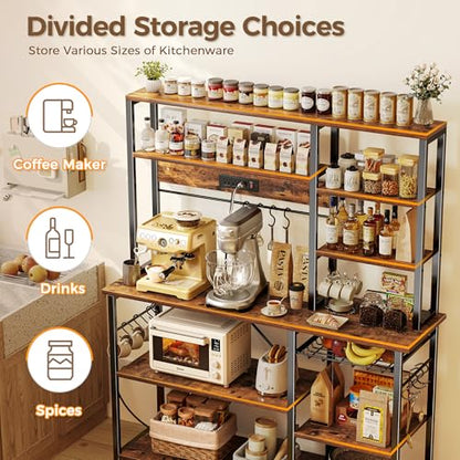 SUPERJARE Larger Bakers Rack with Power Outlets, 6-Tier Microwave Stand, Coffee Bar with 12 S-Shaped Hooks, Kitchen Shelf with Wire Basket, 47.2 x 15.5X 66.9 Inches, Rustic Brown - color: Rustic Brown, size: 47.2inch