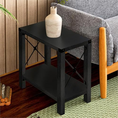 GAZHOME Farmhouse End Table for Small Spaces, Set of 2,Narrow Side End Table with Storage Shelf, Rustic X-Design Nightstand Sofa Table for Living Room, Bedroom Black - color: Black Oak