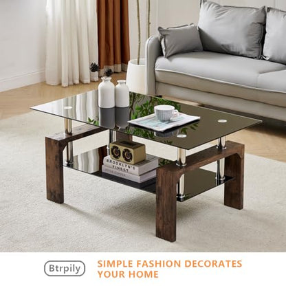Living Room Rectangle Coffee Table, Tea Table Suitable for Waiting Room, Modern Side Coffee Table with Wooden Leg, Glass Tabletop with Lower Shelf.(Black Brown) - color: Black Brown