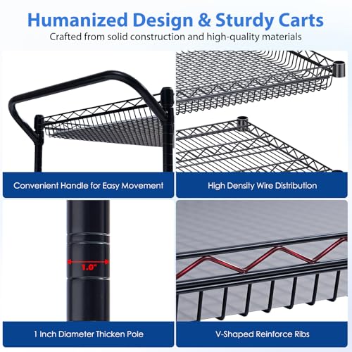 WDT 1350Lbs Capacity Heavy Duty Rolling Utility Cart, NSF Rolling Carts with Wheels,Commercial Grade Metal Cart with Handle Bar & Shelf Liner,Trolley Serving Cart for Restaurant,Kitchen,Black - color: Black 3 Tier Large