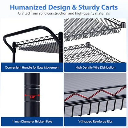 WDT 1350Lbs Capacity Heavy Duty Rolling Utility Cart, NSF Rolling Carts with Wheels,Commercial Grade Metal Cart with Handle Bar & Shelf Liner,Trolley Serving Cart for Restaurant,Kitchen,Black - color: Black 3 Tier Large