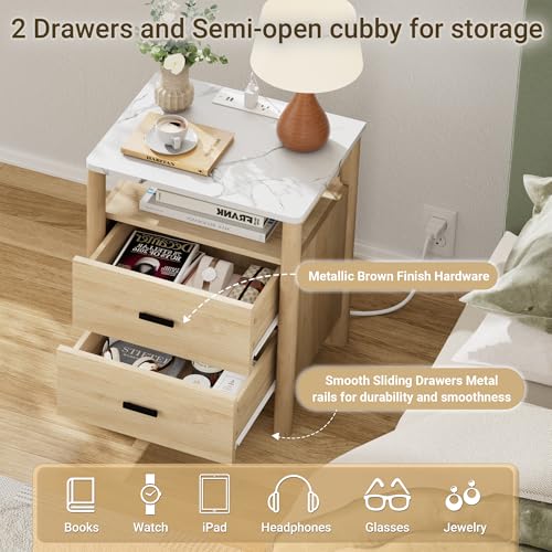Night Stand, 20" Wide Nightstand, Modern Large Nightstand with Charging Station & Faux Marble Top, 2 Drawer End Table with Solid Round Post Legs, Bedside Table for Bedroom, Natural Oak - color: Natural Oak + Faux Marble Top, size: 20''W x 15.7'D x 24''H (
