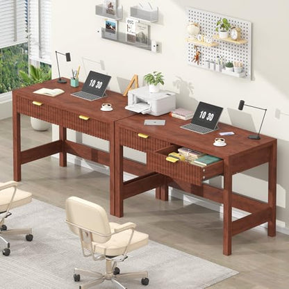 YOMILUVE Fluted Computer Desk with 2 Drawers, 39 Inch Small Computer Desk with Storage, Compact Writing Study Desk for Small Spaces, Red Walnut - color: Red Walnut