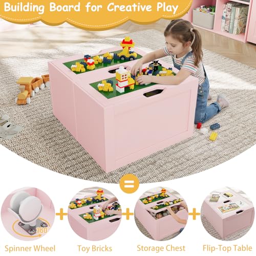 VontinT 68.9"W Kids Toy Storage Reading Nook with Bookshelf & Drawer,Wooden | 3 Tiered Bookshelf, Rolling Box with Building Baseplate Play Lid for Lego, 122L Stuffed Holder, Bench&Cushion for Kids, Pink - color: Pink