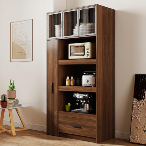 70.87" Tall Kitchen Pantry Storage Cabinet with Pull-Out Shelf, Glass Doors, 2 Drawers & Side Shelves, Freestanding Wood Hutch Cupboard with Microwave Stand for Dining Room, Coffee Bar, Walnut - color: 04 Walnut