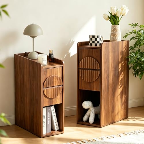 7.9'' Vintage Fluted Narrow Nightstand Set of 2 | Skinny, Small, Thin, Space-saving, 2 drawers, open storage compartment, Walnut color, Rounded safe edges, Versatile usage - color: Walnut