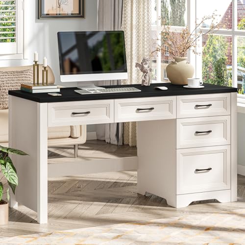 Vabches 55 Inch Farmhouse Desk with 5 Drawers, Large Home Office Computer Desk with Adjustable File Drawer, Executive Workstation with Storage for Study Writing Work, Black
