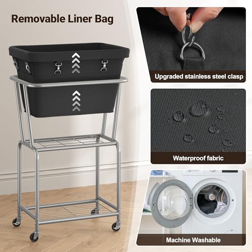 ELYKEN Rolling Laundry Hamper with Wheels, Removable Bag, Laundry Cart | Heavy Duty Metal Frame, 2-Tier Clothes Basket with Shelf, Ideal for Closet, Bedroom, Bathroom & Laundry Room - color: Black, size: 20.3"L x 15.9"W x 30.9"H