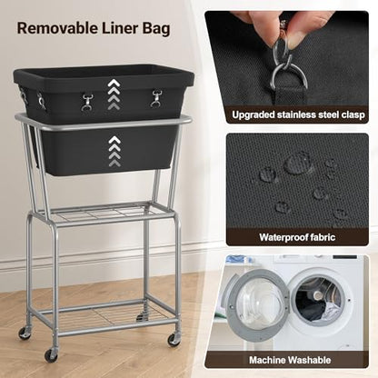 ELYKEN Rolling Laundry Hamper with Wheels, Removable Bag, Laundry Cart | Heavy Duty Metal Frame, 2-Tier Clothes Basket with Shelf, Ideal for Closet, Bedroom, Bathroom & Laundry Room - color: Black, size: 20.3"L x 15.9"W x 30.9"H