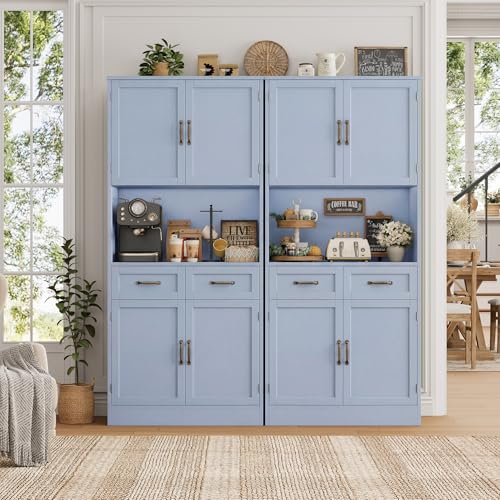 HOSTACK 71" Tall Kitchen Pantry Storage Cabinet, Modern Kitchen Hutch Bar Cabinet with Microwave Stand, Wood Buffet Sideboard with Hutch, Cupboard with Drawers, Shelves for Dining Room, Light Blue - color: Light Blue + Bronze Handles