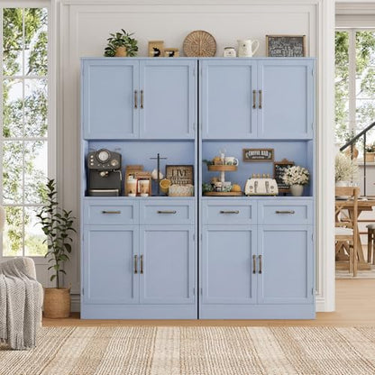 HOSTACK 71" Tall Kitchen Pantry Storage Cabinet, Modern Kitchen Hutch Bar Cabinet with Microwave Stand, Wood Buffet Sideboard with Hutch, Cupboard with Drawers, Shelves for Dining Room, Light Blue - color: Light Blue + Bronze Handles