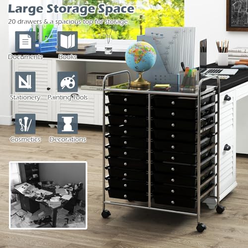 DREAMADE Rolling Cart With Storage Drawers, Utility Cart With Removable Plastic Drawers, Lockable Wheels for Classroom Organization, Art Supplies, Office, Scrapbook (20 Drawers, Black) - color: Black, style: 20 Drawers