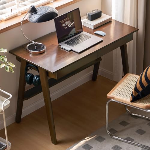 100% Solid Rubber Wood Desk Home Office Desk Mid Century Modern Writing Computer Desk with Drawer for Home Office 39.37" W Walnut Color - color: Walnut-rubberwood, size: 39.37"W