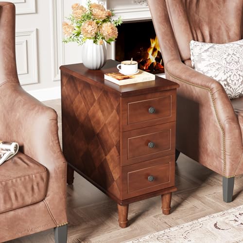 LITTLE TREE Fully Assembled End Table, Narrow Side Table with 3 Drawers, Pre-Assembled Nightstand Slim Bedside Table for Small Spaces, Living Room, Bedroom, Brown - color: Brown