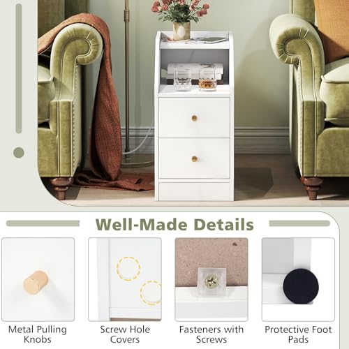 KOMFOTT Set of 2 Side Tables with Charging Station, End Tables with Storage Drawers, Sofa Couch Tables for Small Space, Modern Nightstands for Bedroom (White,2) - color: White