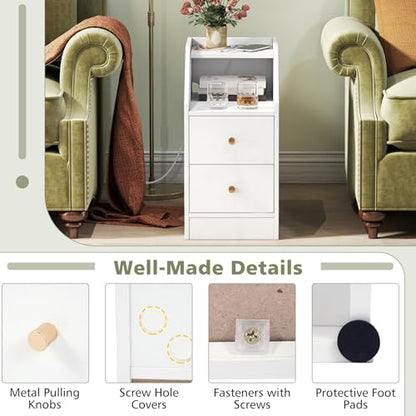 KOMFOTT Set of 2 Side Tables with Charging Station, End Tables with Storage Drawers, Sofa Couch Tables for Small Space, Modern Nightstands for Bedroom (White,2) - color: White