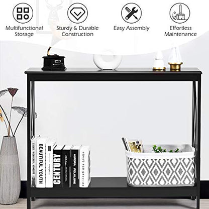 Julimoon Console Table with Storage Shelf, Narrow Accent Table X Form Frame, 2-Tier Sofa Side Table for Living Room/Bedroom/Entryway/Hallway, Easy Assembly, 39.5’’X12’’X31.5’’ (Black) - color: Black