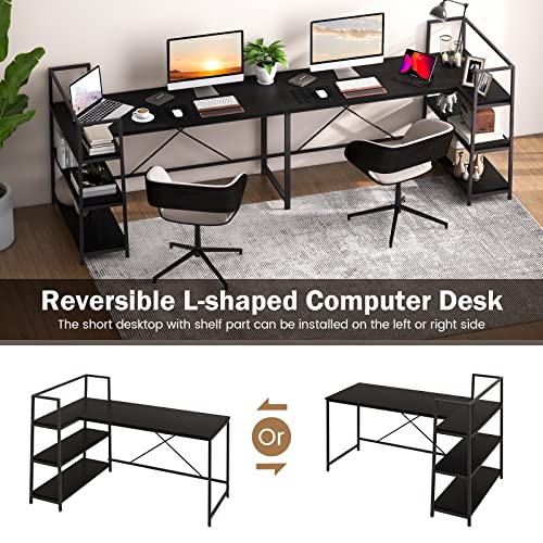 COSTWAY 59 Inch L-Shaped Computer Desk, Large Reversible Corner Desk with Open Storage Shelves, Space-Saving Writing Study Table PC Laptop Gaming Desk, for Home Office (Black)
