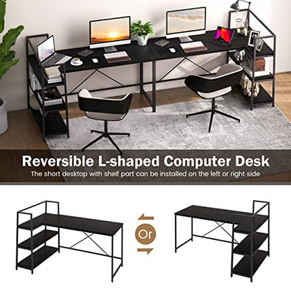 COSTWAY 59 Inch L-Shaped Computer Desk, Large Reversible Corner Desk with Open Storage Shelves, Space-Saving Writing Study Table PC Laptop Gaming Desk, for Home Office (Black)