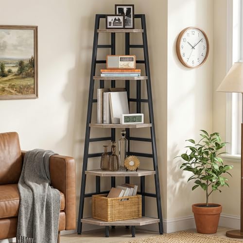CHOEZON 70.1-Inch 5-Tier Tall Corner Shelf, Narrow Bookshelf for Small Spaces, Industrial Bookcase Display Stand for Living Room, Bedroom, Office, Greige TCJ25BG - color: Greige