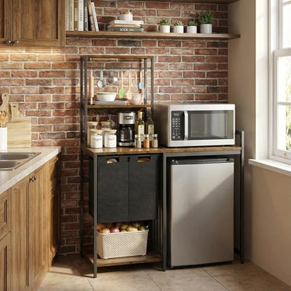 YITAHOME Kitchen Bakers Rack with Storage Shelves, Coffee Bar Table | 4 Tiers ＆ 5 Hooks, 45.3" Large Freestanding Kitchen Shelves, Mini Fridge Cabinet with Storage for Dining Room, Retro Brown - size: 55"×47.2"