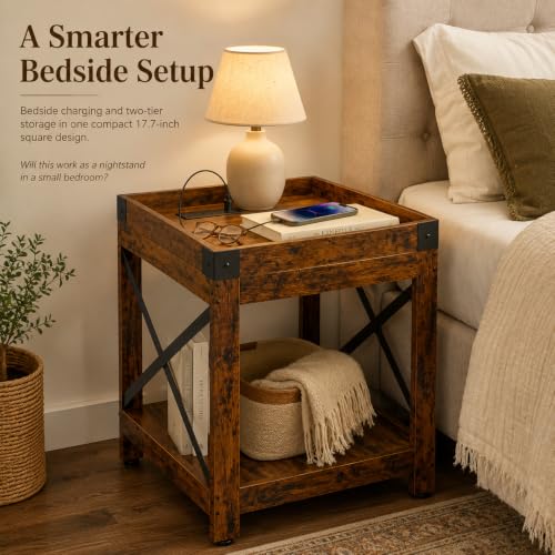 Farmhouse Side Table with Charging Station,2-Tier Square End Table | 2-Tier Shelf Modern Sofa Couch Table Bedside Nightstand With X-Frame for Living Room Bedroom Office Small spaces,Rustic Brown - color: Rustic Brown, style: With Outlets
