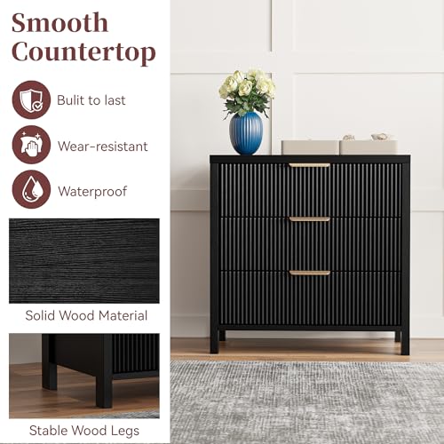 Fluted Nightstand, 23.7'' Wide Night Stand with 3 Drawers, Mid-Century Modern Bedside Table with Handles, Wood End Table for Bedroom, Black