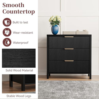 Fluted Nightstand, 23.7'' Wide Night Stand with 3 Drawers, Mid-Century Modern Bedside Table with Handles, Wood End Table for Bedroom, Black