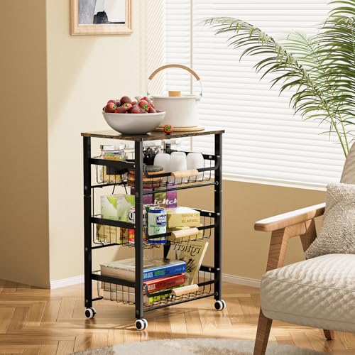 JAQ Fruit Vegetables Carts, 4-Tier Slide Out Metal Storage Baskets Stand Organizers with Wood Top and Handle on Rolling Wheels for Onions in Kitchen Pantry Fruteros para Cocina -(Black, 4 Layer) - color: 4-tier/Black