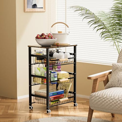 JAQ Fruit Vegetables Carts, 4-Tier Slide Out Metal Storage Baskets Stand Organizers with Wood Top and Handle on Rolling Wheels for Onions in Kitchen Pantry Fruteros para Cocina -(Black, 4 Layer) - color: 4-tier/Black