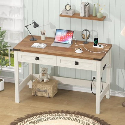 YOMILUVE Farmhouse Computer Desk with 2 Drawers, 39 Inch Small Office Computer Desk with Power Outlets, Compact Writing Study Desk for Small Spaces, Antique White - color: Antique White